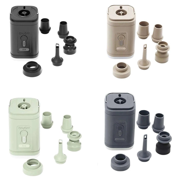 Pompe à air électrique 3 en 1 avec embouts interchangeables pour le gonflage et le dégonflage, idéale pour les activités en extérieur.