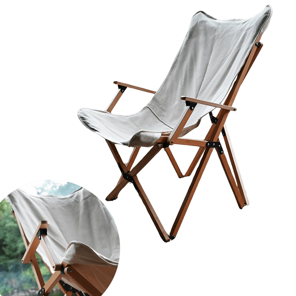 Chaise pliante en bois beige XL pour le camping, les pique-niques, la plage, avec un tissu Oxford 600D durable, solution d'assise compacte et confortable.