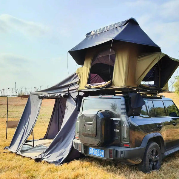 annexe tente de toit Lite Traveller, annexe tente de toit, auvent tente de toit, annexe camping étanche, salon de camping extérieur, accessoire tente de toit, annexe vanlife, annexe tente de toit légère, auvent Lexagones