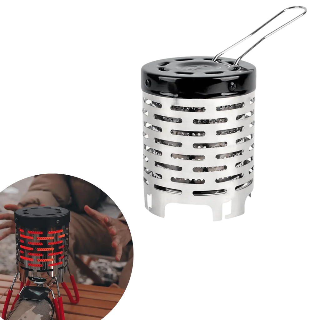 Chauffage à gaz mini portable en acier inoxydable pour les activités en plein air, utilisé lors du camping, offrant chaleur et confort.