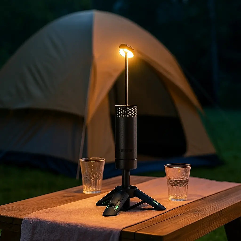Lampe de camping LED télescopique rechargeable et portable, affichant divers modes et conçue de manière compacte, idéale pour les aventures en plein air.