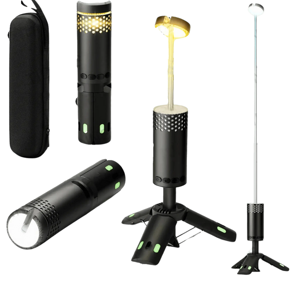 Lampe de camping LED télescopique rechargeable et portable, affichant divers modes et conçue de manière compacte, idéale pour les aventures en plein air.