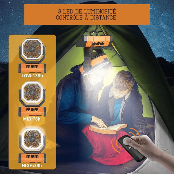 Tente de camping avec ventilateur multifonction fournissant de la lumière LED, dotée d'une télécommande et de réglages de luminosité ajustables.