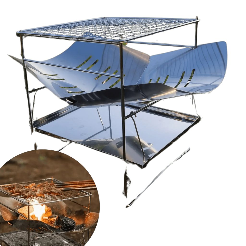 Gril de camping pliant avec cadre en acier inoxydable pour la cuisson en plein air, présentant un design compact et portable pour un transport facile.