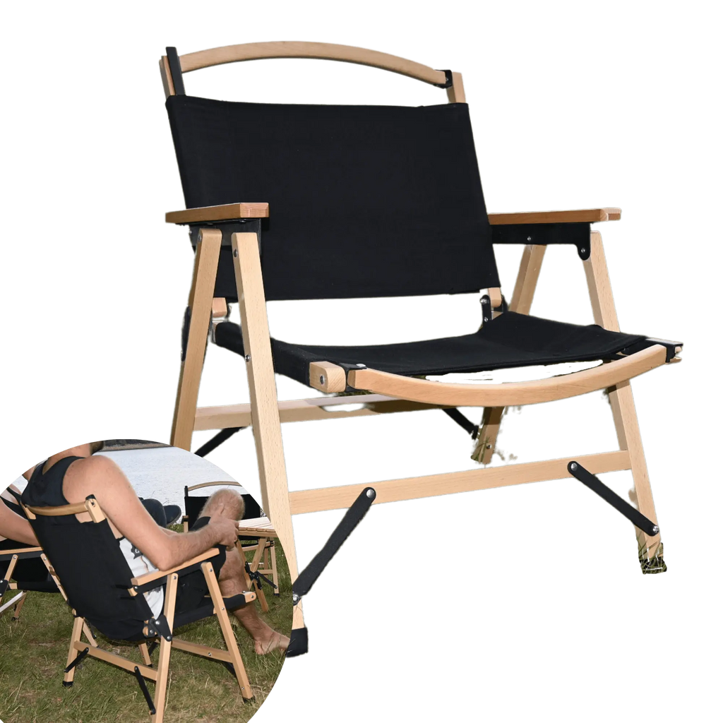 Chaise de camping pliante en bois noir avec tissu Oxford 600D, idéale pour le camping et la plage. Facile à transporter.