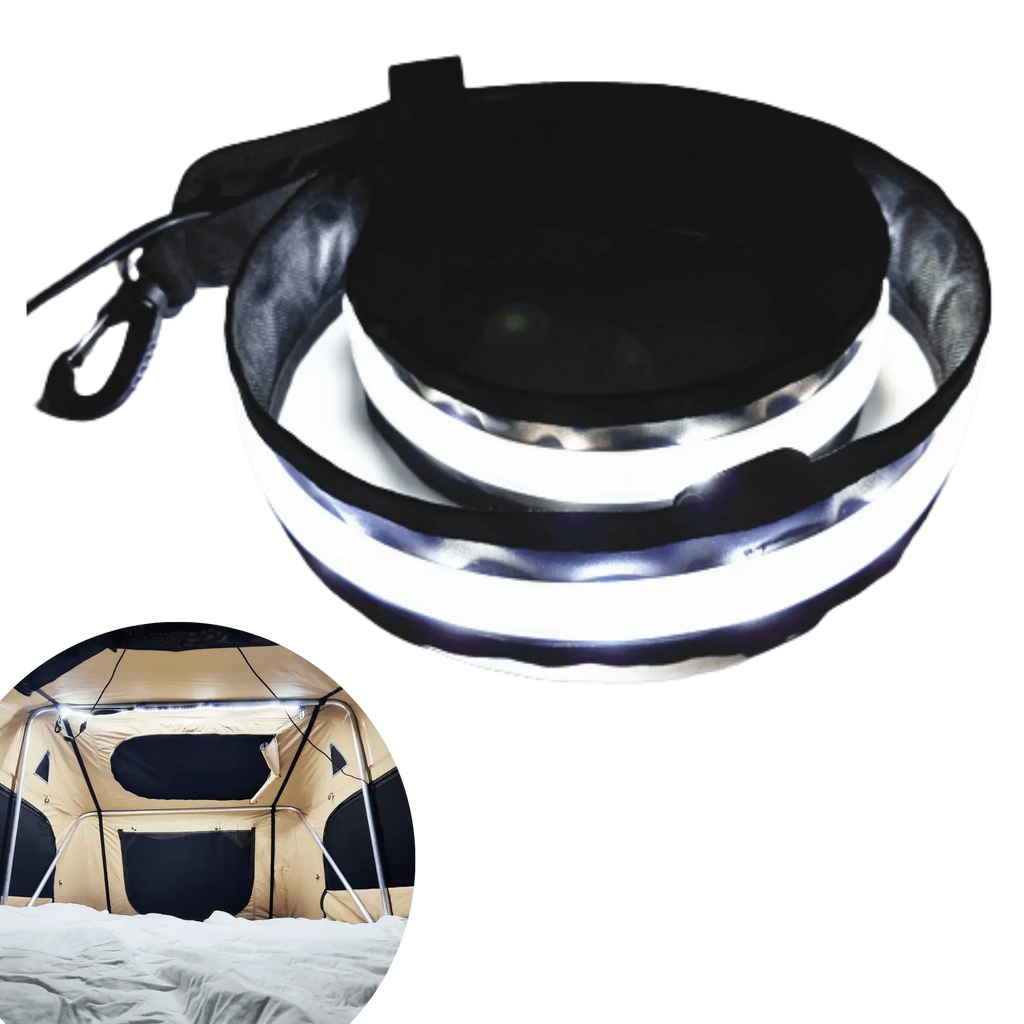 Une bande lumineuse LED flexible pour tente de camping avec 72 LED, présentée enroulée avec un sac de transport portable, éclairant l'intérieur de la tente de toit.