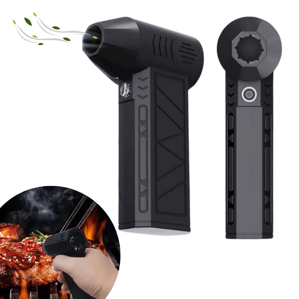 Souffleur de camping portable avec LEDs haute puissance, idéal pour sécher les tentes et le matériel, montré avec un insert pour utilisation barbecue.