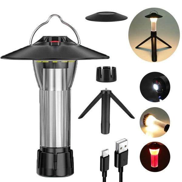 Lampe de tente de camping rechargeable multifonctionnelle avec solaire USB, 100 LED, conception étanche, présentée avec des accessoires et des modes d'éclairage.
